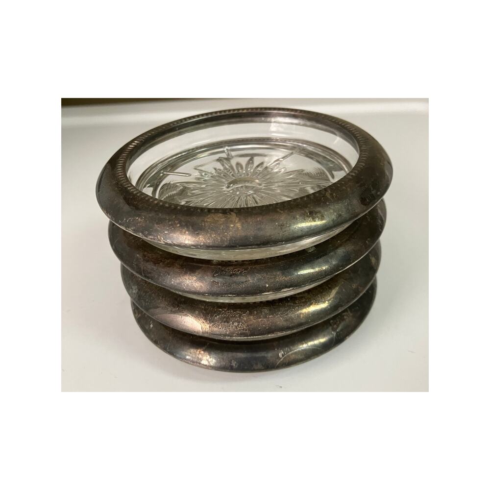 Set of 4‎ Leonard Silverplate & Glass Ashtrays 4" Vintage Barware Coasters